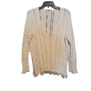 Free People Sweater White, fringe bottom, v-neck size XS